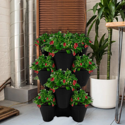 Trio Stackable Stacking Strawberry Planter Plant Flower Pot Herb Garden - Black