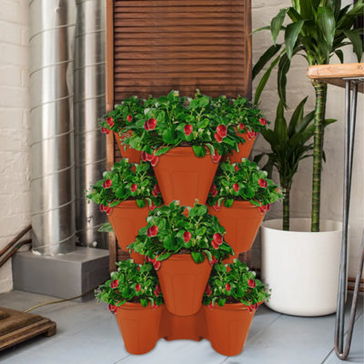 Trio Stackable Stacking Strawberry Planter Plant Flower Pot Herb Garden - Terracotta