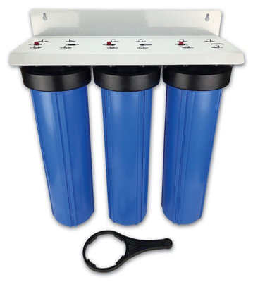 Triple 20" Jumbo Water Filter Housing with 1" Brass Ports, Bracket and Pressure Release Valve