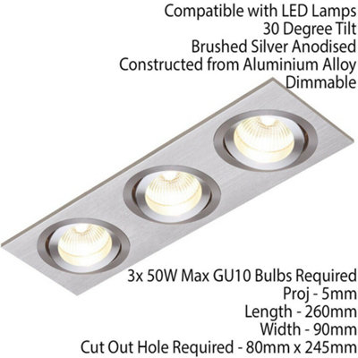 TRIPLE Adjustable Tilt Slim Square Ceiling Spotlight Brushed Silver GU10 Lamp