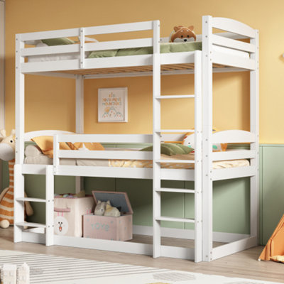 Triple Bunk Bed 3FT Wooden Bunk Beds With Ladder Triple Sleeper Kids Bunk Bed White 90x190cm