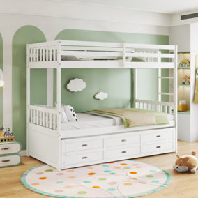 Triple Bunk Bed, Drop Down Bed, Three Compartment Drawer, Safety Rail, Climbing Ladder, White, 90x190 and 90x180cm