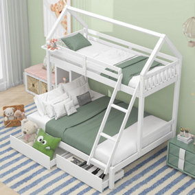 Triple Bunk Bed with Ladder, 3FT Single, 4FT6 Double, with Drawers and a Shelf, Kids Children, White (90x190cm, 135x190cm)