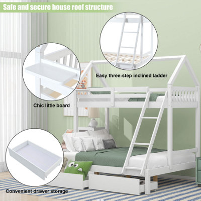 Triple Bunk Bed with Ladder, 3FT Single, 4FT6 Double, with Drawers and a Shelf, Kids Children, White (90x190cm, 135x190cm)
