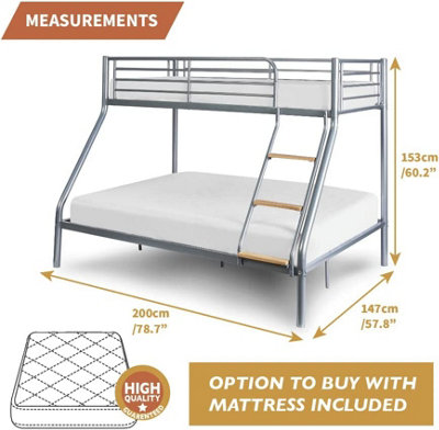 Triple Bunk Beds Extra Strong & Durable Silver Single & Double Metal Bunk Bed With Double Mattress Included