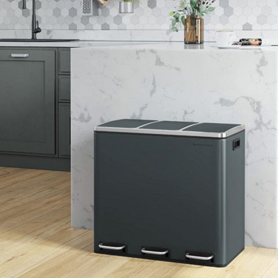 Triple Kitchen Bin, Large Recycling Trash Can, 3-Compartment Pedal