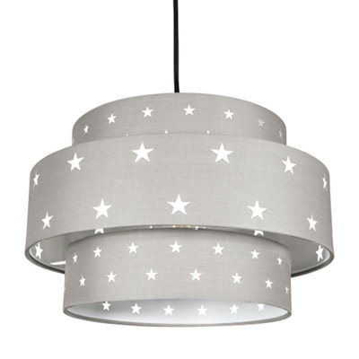 Triple Tier Midnight Grey Cotton Fabric Childrens Pendant Shade with Stars Decor