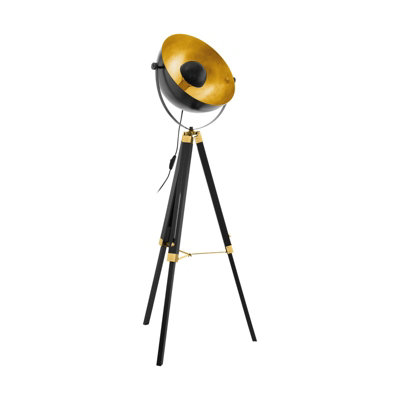 Tripod Floor Lamp Light Black Wood & Gold Dome Shade 1 x 60W E27 Bulb