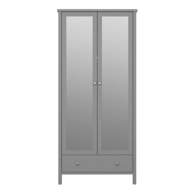 Tromso 2 Mirror Doors + 1 Drawer Wardrobe Folkestone Grey with Leather Handles