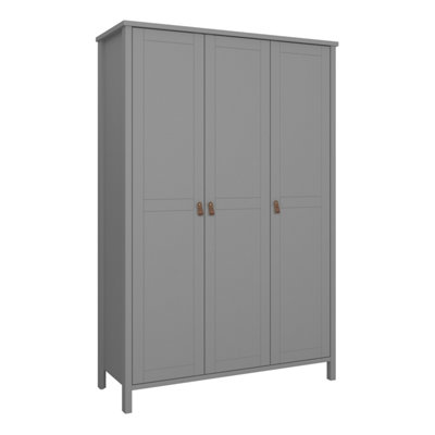 Tromso 3 Doors Wardrobe in Folkestone Grey with Leather Handles