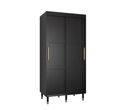 Tromso I Contemporary 2 Sliding Door Wardrobe Gold Handles Panelled Door 5 Shelves 2 Rails Black (H)2080mm (W)1000mm (D)620mm