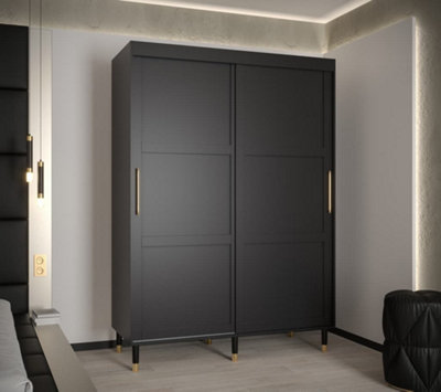 Tromso I Contemporary 2 Sliding Door Wardrobe Gold Handles Panelled Door 5 Shelves 2 Rails Black (H)2080mm (W)1500mm (D)620mm