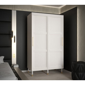 Tromso I Contemporary 2 Sliding Door Wardrobe Gold Handles Panelled Door 5 Shelves 2 Rails White (H)2080mm (W)1200mm (D)620mm