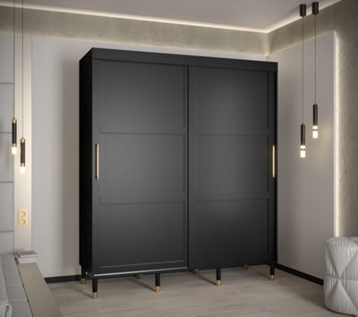 Tromso I Contemporary 2 Sliding Door Wardrobe Gold Handles Panelled Door 9 Shelves 2 Rails Black (H)2080mm (W)1800mm (D)620mm