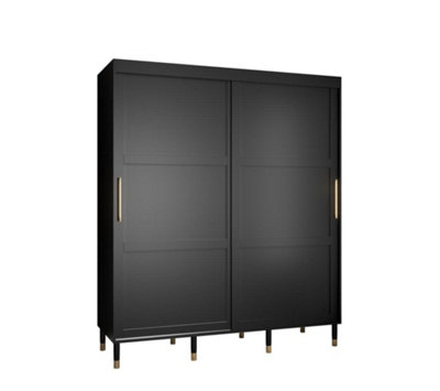 Tromso I Contemporary 2 Sliding Door Wardrobe Gold Handles Panelled Door 9 Shelves 2 Rails Black (H)2080mm (W)1800mm (D)620mm
