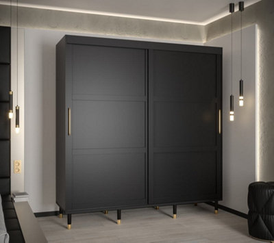Tromso I Contemporary 2 Sliding Door Wardrobe Gold Handles Panelled Door 9 Shelves 2 Rails Black (H)2080mm (W)2000mm (D)620mm