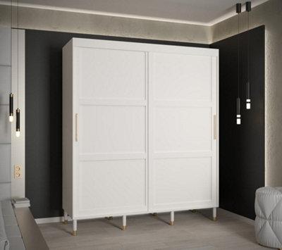 Tromso I Contemporary 2 Sliding Door Wardrobe Gold Handles Panelled Door 9 Shelves 2 Rails White (H)2080mm (W)1800mm (D)620mm