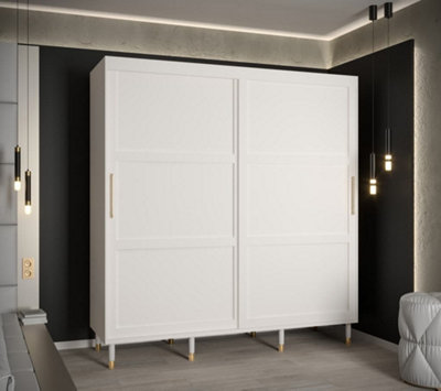 Tromso I Contemporary 2 Sliding Door Wardrobe Gold Handles Panelled Door 9 Shelves 2 Rails White (H)2080mm (W)2000mm (D)620mm