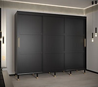 Tromso I Contemporary 3 Sliding Door Wardrobe Gold Handles Panelled Door 9 Shelves 2 Rails Black (H)2080mm (W)2500mm (D)620mm