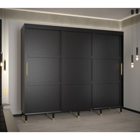 Tromso I Contemporary 3 Sliding Door Wardrobe Gold Handles Panelled Door 9 Shelves 2 Rails Black (H)2080mm (W)2500mm (D)620mm