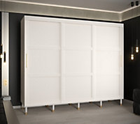 Tromso I Contemporary 3 Sliding Door Wardrobe Gold Handles Panelled Door 9 Shelves 2 Rails White (H)2080mm (W)2500mm (D)620mm