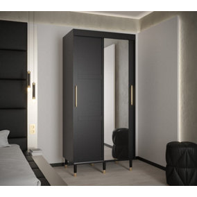 Tromso II Modern Mirrored 2 Sliding Door Wardrobe Gold Handles Panelled Door 5 Shelves 2 Rails Black (H)2080mm (W)1000mm (D)620mm