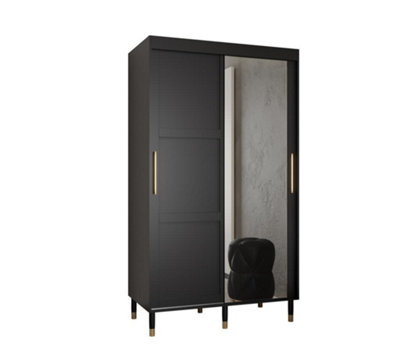 Tromso II Modern Mirrored 2 Sliding Door Wardrobe Gold Handles Panelled Door 5 Shelves 2 Rails Black (H)2080mm (W)1200mm (D)620mm