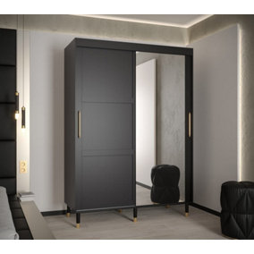 Tromso II Modern Mirrored 2 Sliding Door Wardrobe Gold Handles Panelled Door 5 Shelves 2 Rails Black (H)2080mm (W)1500mm (D)620mm