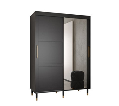 Tromso II Modern Mirrored 2 Sliding Door Wardrobe Gold Handles Panelled Door 5 Shelves 2 Rails Black (H)2080mm (W)1500mm (D)620mm