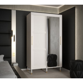 Tromso II Modern Mirrored 2 Sliding Door Wardrobe Gold Handles Panelled Door 5 Shelves 2 Rails White (H)2080mm (W)1200mm (D)620mm