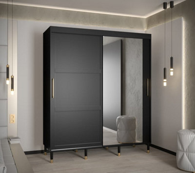 Tromso II Modern Mirrored 2 Sliding Door Wardrobe Gold Handles Panelled Door 9 Shelves 2 Rails Black (H)2080mm (W)1800mm (D)620mm