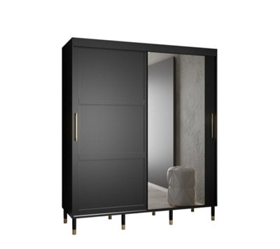 Tromso II Modern Mirrored 2 Sliding Door Wardrobe Gold Handles Panelled Door 9 Shelves 2 Rails Black (H)2080mm (W)1800mm (D)620mm