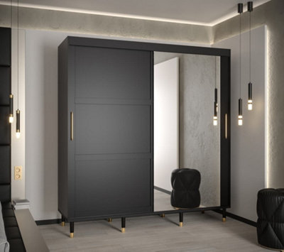 Tromso II Modern Mirrored 2 Sliding Door Wardrobe Gold Handles Panelled Door 9 Shelves 2 Rails Black (H)2080mm (W)2000mm (D)620mm