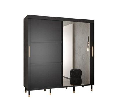 Tromso II Modern Mirrored 2 Sliding Door Wardrobe Gold Handles Panelled Door 9 Shelves 2 Rails Black (H)2080mm (W)2000mm (D)620mm