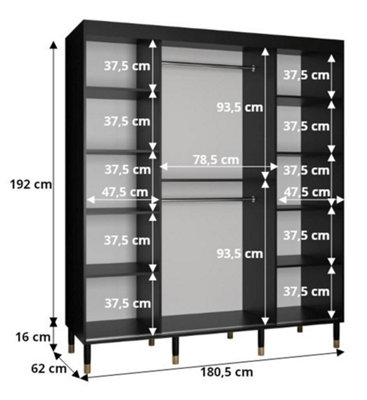 Tromso II Modern Mirrored 2 Sliding Door Wardrobe Gold Handles Panelled Door 9 Shelves 2 Rails White (H)2080mm (W)1800mm (D)620mm