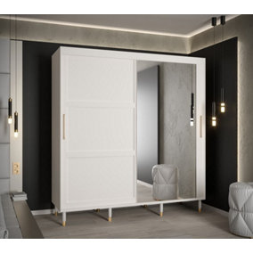 Tromso II Modern Mirrored 2 Sliding Door Wardrobe Gold Handles Panelled Door 9 Shelves 2 Rails White (H)2080mm (W)2000mm (D)620mm