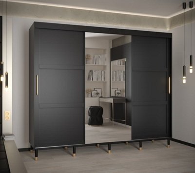 Tromso II Modern Mirrored 3 Sliding Door Wardrobe Gold Handles Panelled Door 9 Shelves 2 Rails Black (H)2080mm (W)2500mm (D)620mm