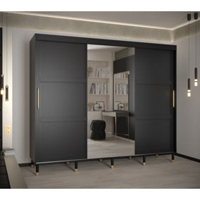 Tromso II Modern Mirrored 3 Sliding Door Wardrobe Gold Handles Panelled Door 9 Shelves 2 Rails Black (H)2080mm (W)2500mm (D)620mm