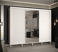 Tromso II Modern Mirrored 3 Sliding Door Wardrobe Gold Handles Panelled Door 9 Shelves 2 Rails White (H)2080mm (W)2500mm (D)620mm