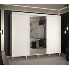 Tromso II Modern Mirrored 3 Sliding Door Wardrobe Gold Handles Panelled Door 9 Shelves 2 Rails White (H)2080mm (W)2500mm (D)620mm
