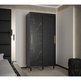 Tromso Modern 2 Sliding Pannelled Marble Effect Door Wardrobe Gold Handles 5 Shelves 2 Rails Black (H)2080mm (W)1000mm (D)620mm