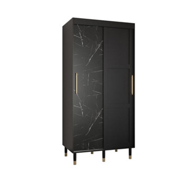 Tromso Modern 2 Sliding Pannelled Marble Effect Door Wardrobe Gold Handles 5 Shelves 2 Rails Black (H)2080mm (W)1000mm (D)620mm