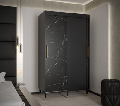 Tromso Modern 2 Sliding Pannelled Marble Effect Door Wardrobe Gold Handles 5 Shelves 2 Rails Black (H)2080mm (W)1200mm (D)620mm