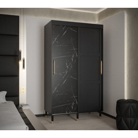 Tromso Modern 2 Sliding Pannelled Marble Effect Door Wardrobe Gold Handles 5 Shelves 2 Rails Black (H)2080mm (W)1200mm (D)620mm