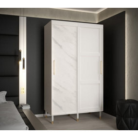 Tromso Modern 2 Sliding Pannelled Marble Effect Door Wardrobe Gold Handles 5 Shelves 2 Rails White (H)2080mm (W)1200mm (D)620mm