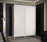 Tromso Modern 2 Sliding Pannelled Marble Effect Door Wardrobe Gold Handles 5 Shelves 2 Rails White (H)2080mm (W)1500mm (D)620mm