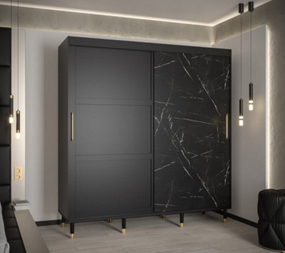 Tromso Modern 2 Sliding Pannelled Marble Effect Door Wardrobe Gold Handles 9 Shelves 2 Rails Black (H)2080mm (W)2000mm (D)620mm