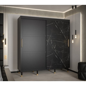 Tromso Modern 2 Sliding Pannelled Marble Effect Door Wardrobe Gold Handles 9 Shelves 2 Rails Black (H)2080mm (W)2000mm (D)620mm