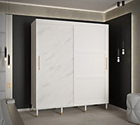 Tromso Modern 2 Sliding Pannelled Marble Effect Door Wardrobe Gold Handles 9 Shelves 2 Rails White (H)2080mm (W)1800mm (D)620mm
