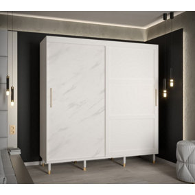 Tromso Modern 2 Sliding Pannelled Marble Effect Door Wardrobe Gold Handles 9 Shelves 2 Rails White (H)2080mm (W)2000mm (D)620mm